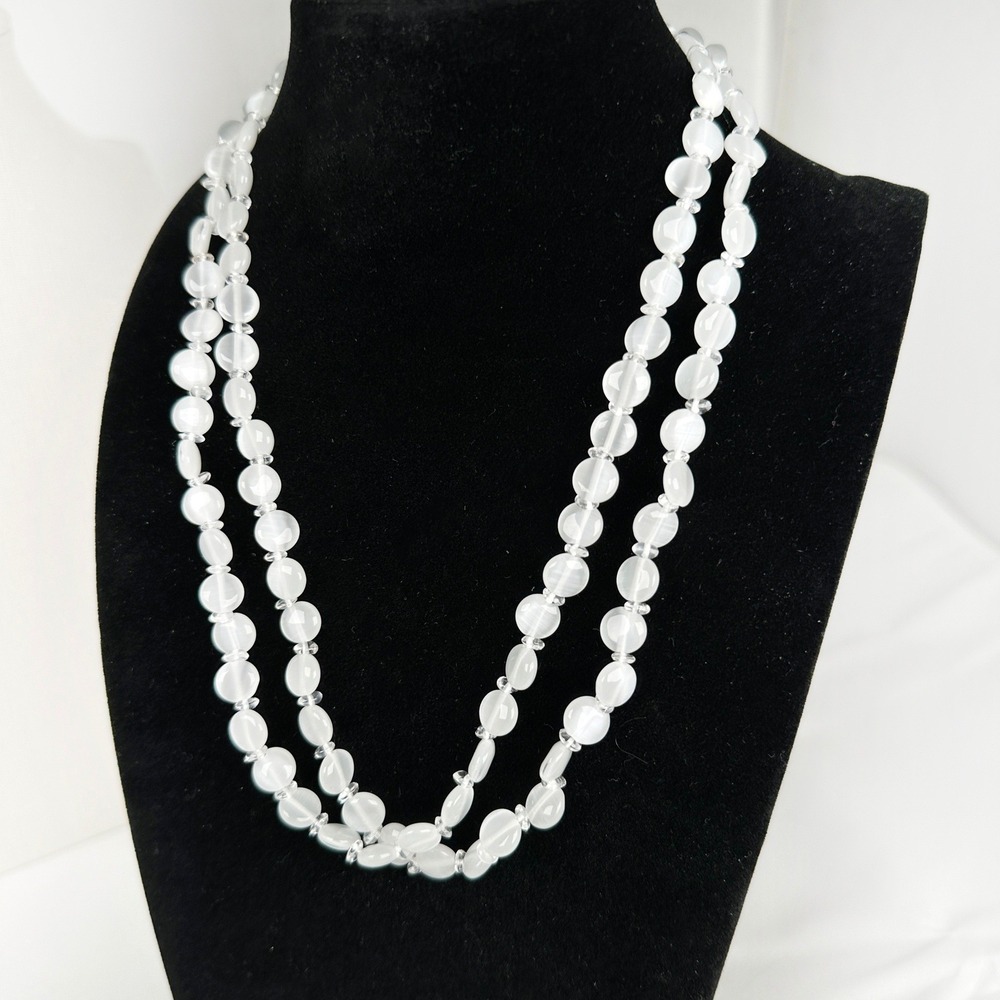Double‎ Strand Opalescent Glass Bead Necklace 925 Sterling Clasp 18 Moonstone